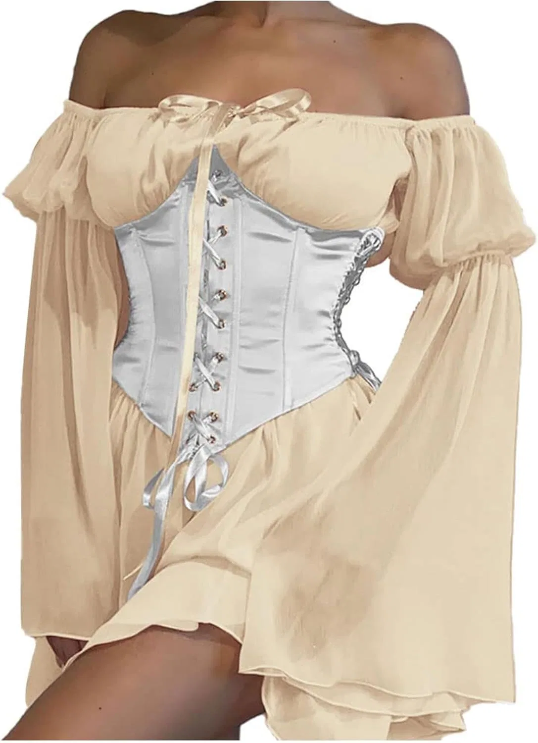 Женское платье мини с корсетом и расклешенным рукавом Fairy, White