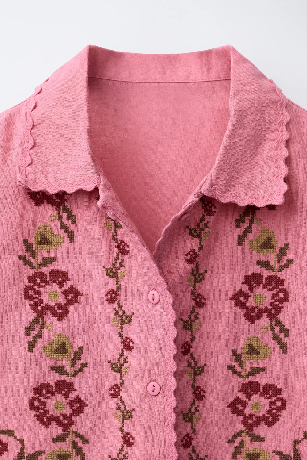 Хлопковая льняная рубашка с вышивкой крестиком ZARA, Chalk Pink — фото 3