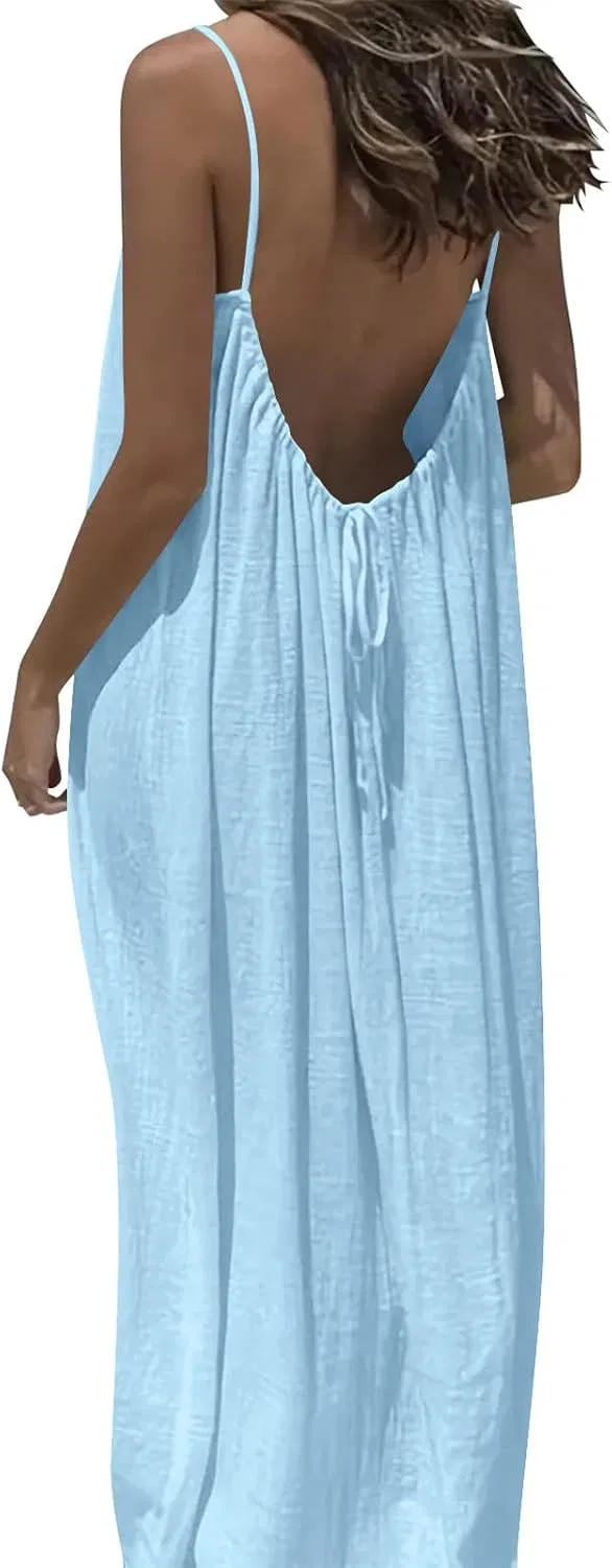 Женское летнее платье макси без бретелек с открытой спиной, Light Blue — фото 4