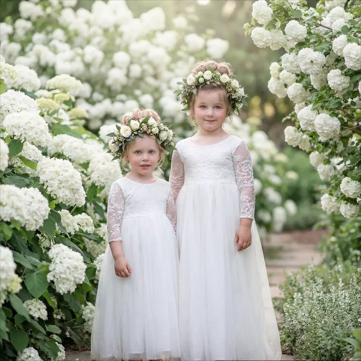 Детское платье для девочек с длинным рукавом Rose Lace Tulle Maxi 2bunnies, White — фото 2
