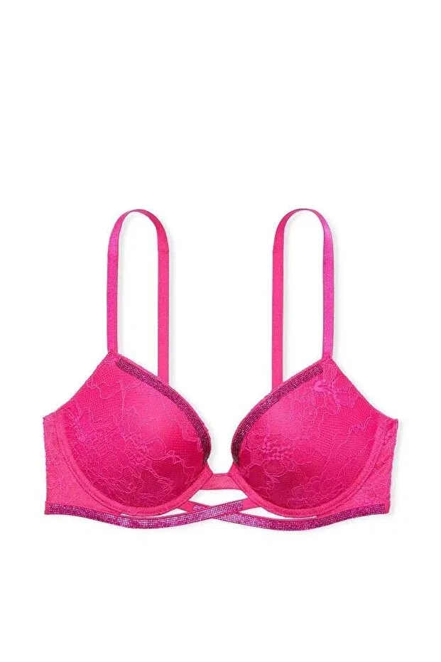 Женский бюстгальтер кружевной Shimmering Cross Strap Lace Push-Up Bra Victoria'S Secret, Hot Pink — фото 4
