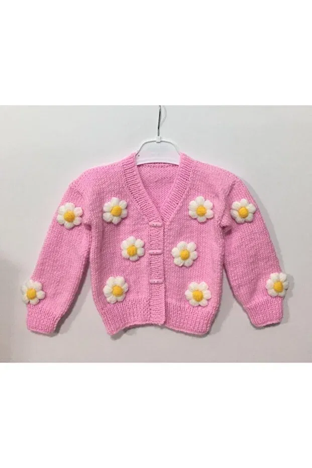 Детский кардиган для девочек с цветочным принтом Hand knitted candy pink floral baby cardigan Güneş Kids, Pink