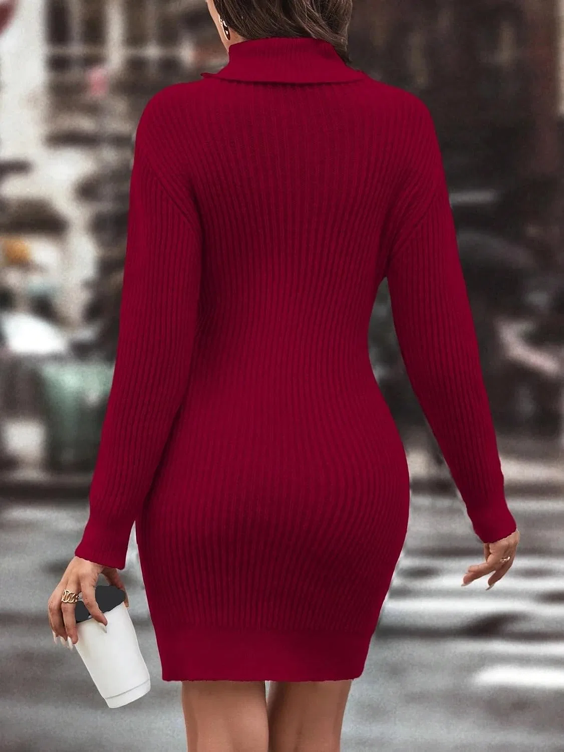 Женское облегающее платье с высоким воротником Ribbed Knitted, Red — фото 2