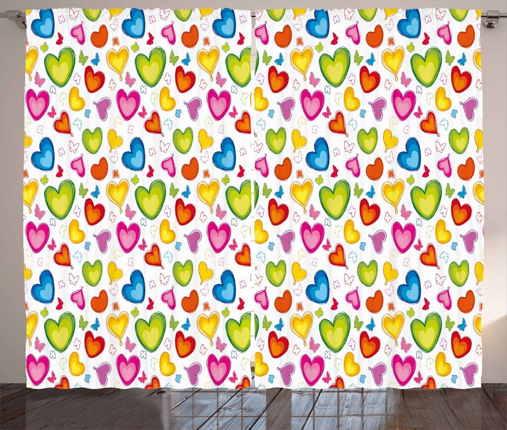 

ABAKUHAUS Love Rustic Curtain, Разноцветные бабочки Happy, Универсальные ленточные шторы для гостиной с петлями и крючками, 280 x 260 см, Разноцветные