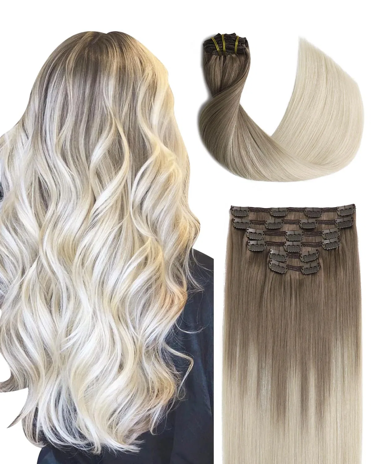 Наращивание волос на заколках Sindra Clip Real Hair Extensions, 50 см, 120 г Sindra, #8T60 Ash Brown To Platinum Blonde