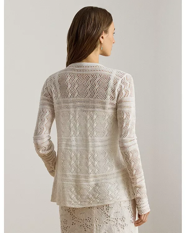 Кардиган с V-образным вырезом из ажурной льняной смеси Ralph Lauren, White — фото 3