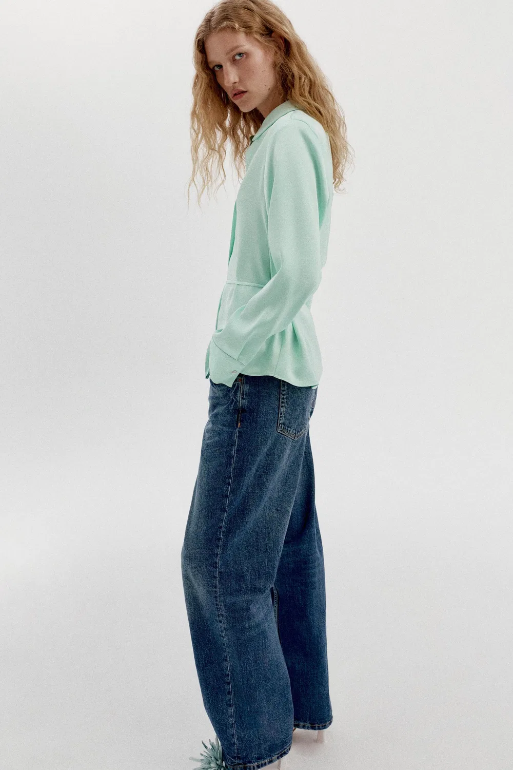 Атласная рубашка с завязками на спине ZARA, Mint — фото 3