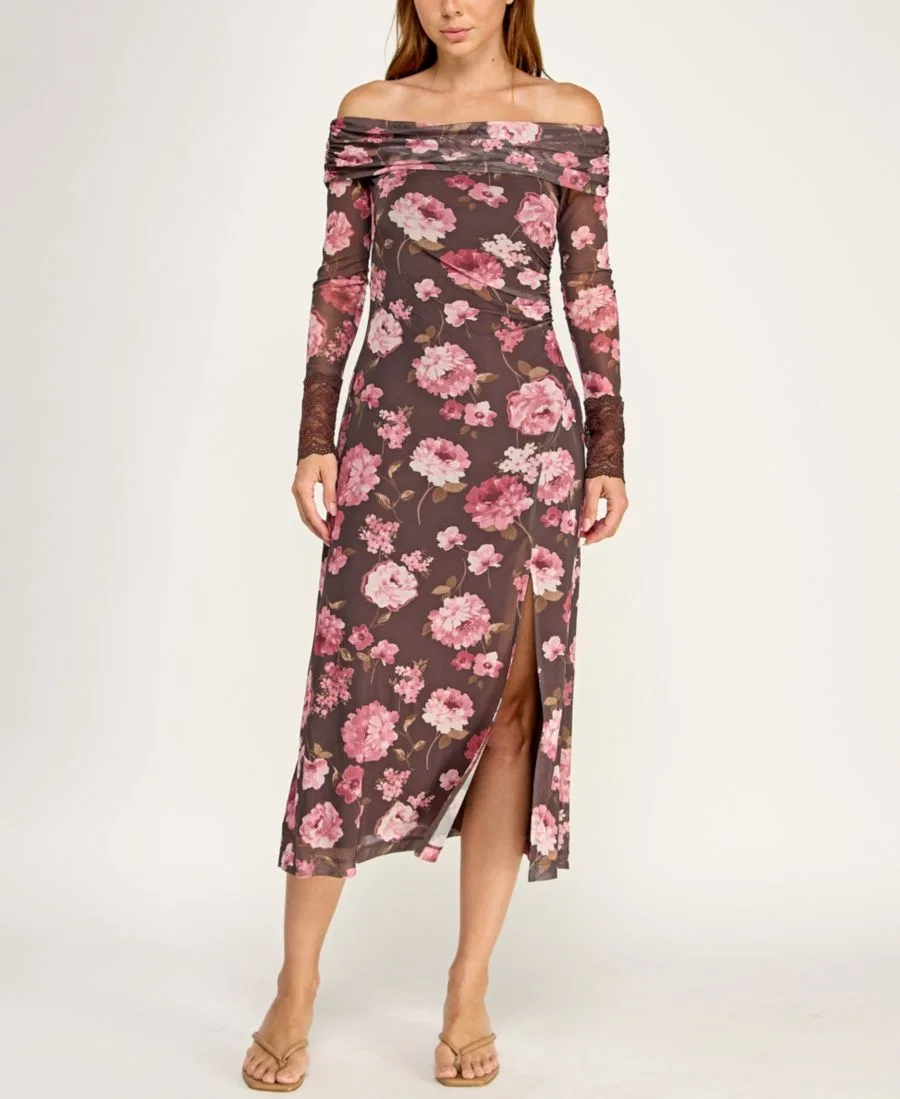Платье-миди с цветочным принтом, модель Off-The-Shoulder Long-Sleeve Floral Printed Mesh Midi Dress Trixxi, Burgundy — фото 4