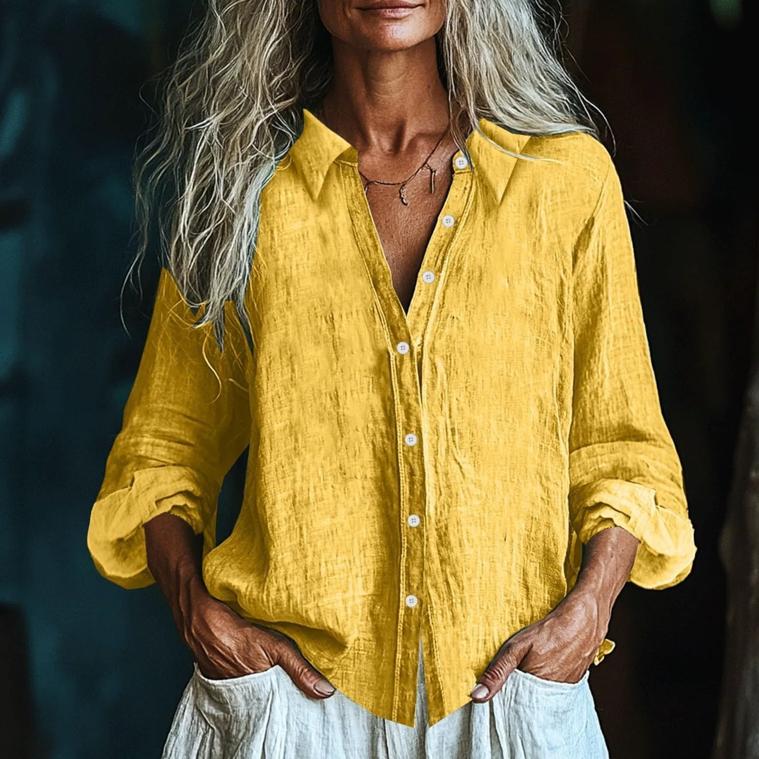 Женская льняная блузка свободного кроя с длинным рукавом, Yellow — фото 2