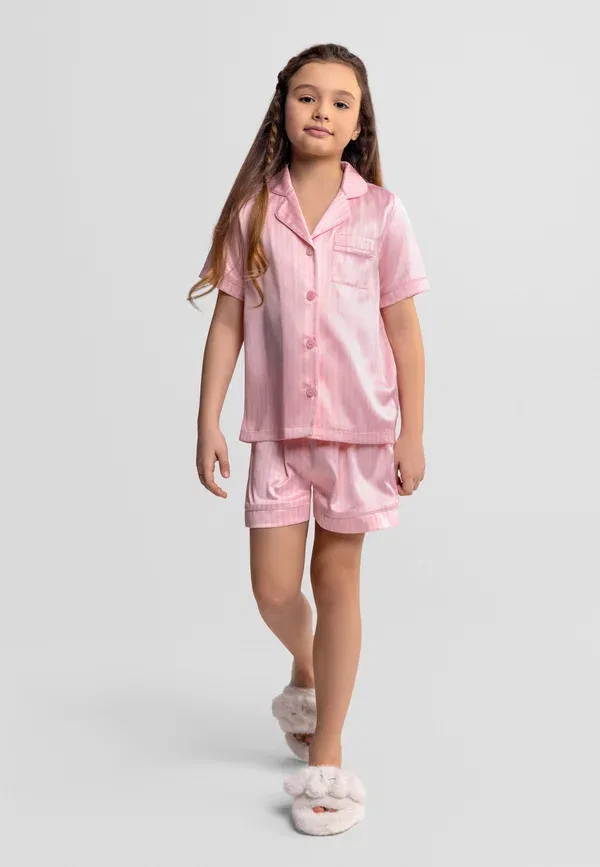Пижамный комплект из сатина, Button up short sleeve and set, Minoti, pale pink, бледно-розовый