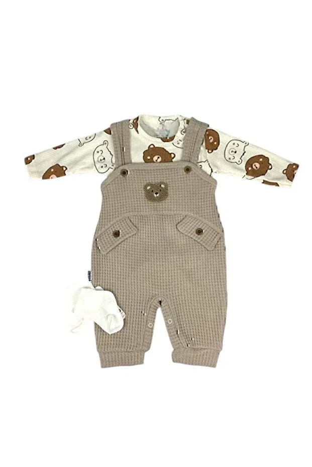 Детский комбинезон для мальчиков с принтом Bear patterned baby boy 3-piece romper set Arin Baby, Brown — фото 3