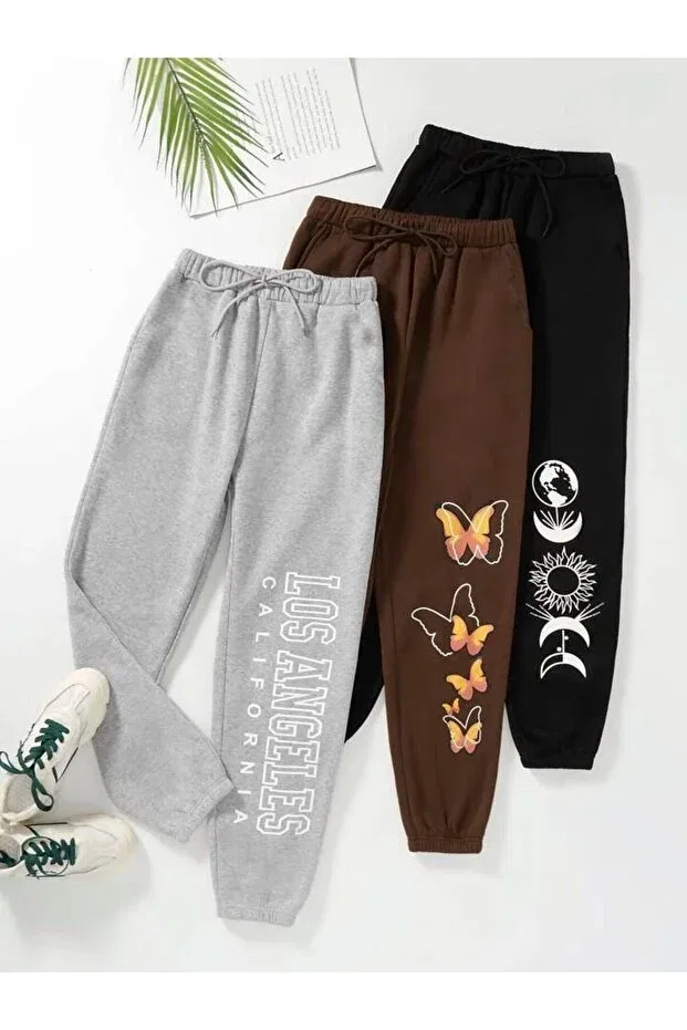 Детские спортивные штаны для девочек с принтом 3 шт Morning Kids, 1blackbrowngrey1