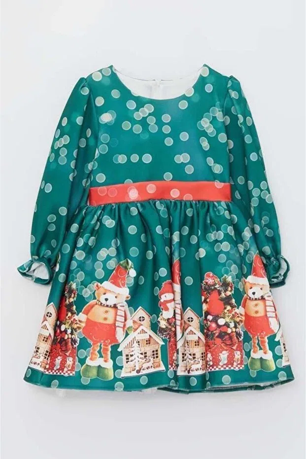 Детское платье для девочек с принтом Girl'S home and teddy bear print green christmas dress with polka dots on the waist stripe Riccotarz, Green — фото 3