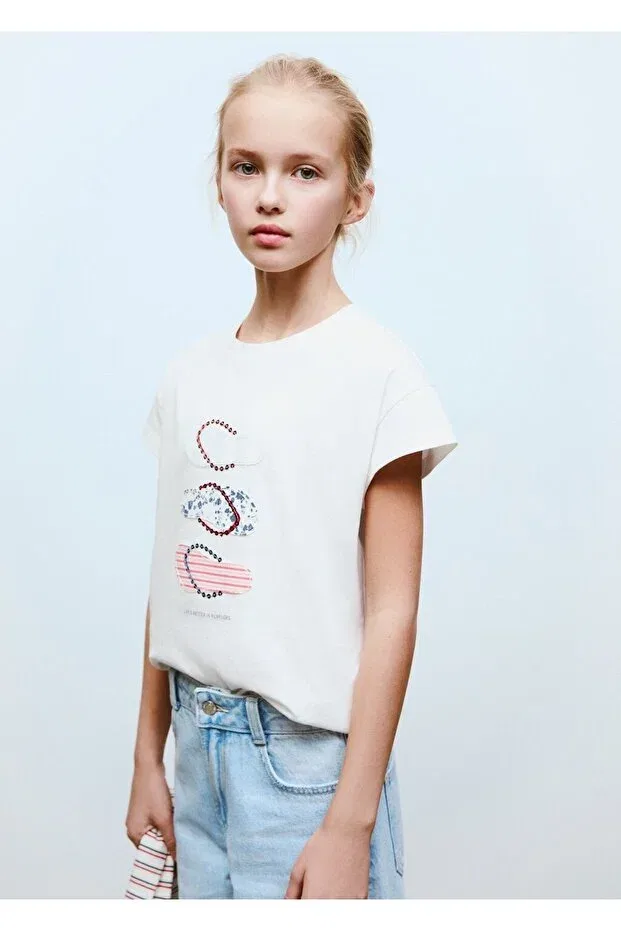Детская футболка для девочек с вышивкой Mango Kids, Off White
