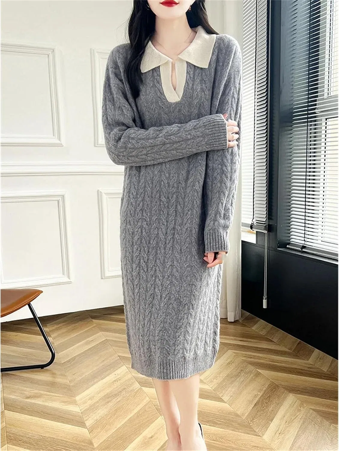 Женское шерстяное платье миди с длинным рукавом, Daxiang Gray — фото 2