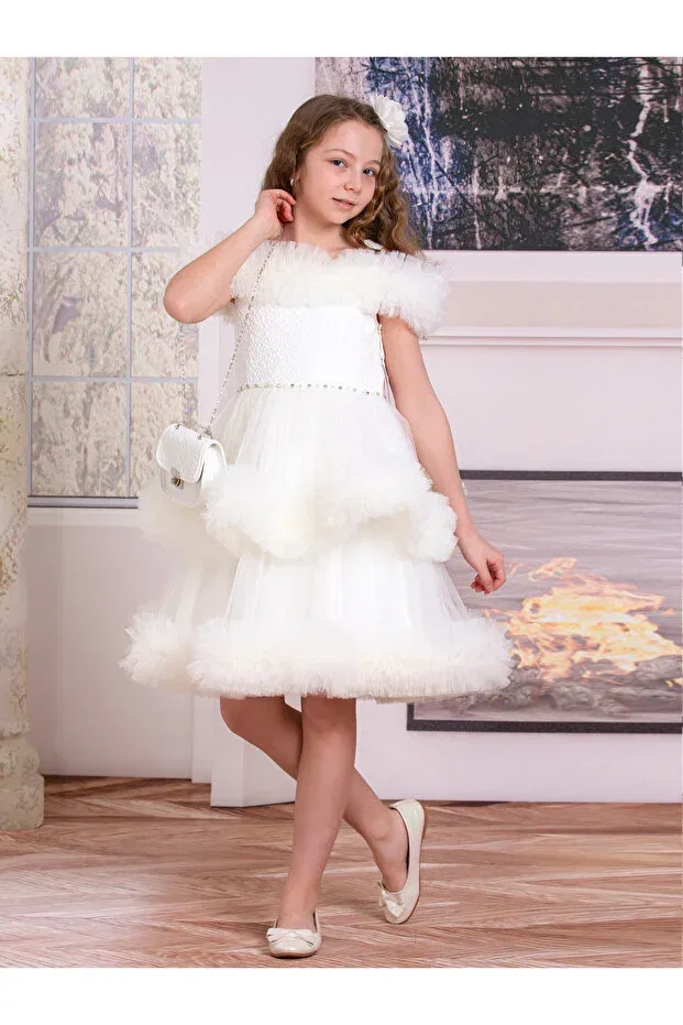 Детское платье из фатина для девочек без рукавов Süslü Pink Kids, White