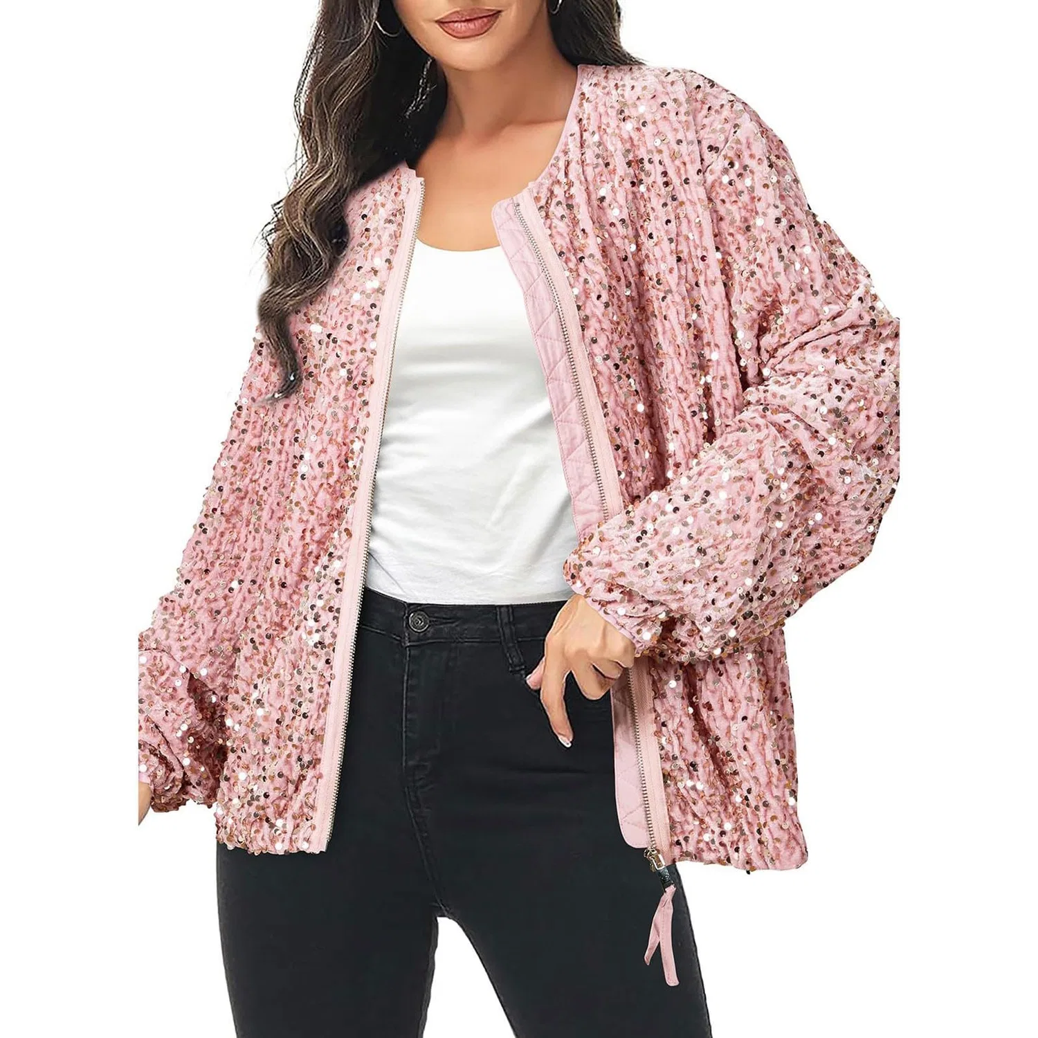 Женское пальто с блестками с длинным рукавом, rosa — фото 2