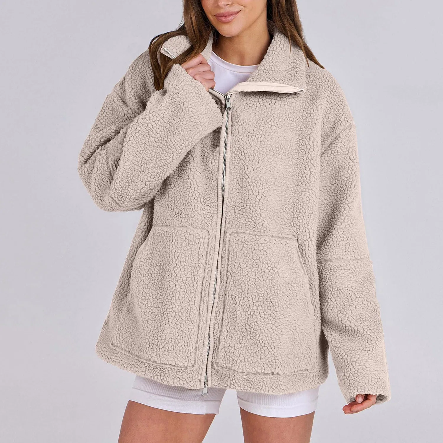 Женское пальто с длинным рукавом Oversized Fuzzy Fleece Jackets, white washed — фото 3