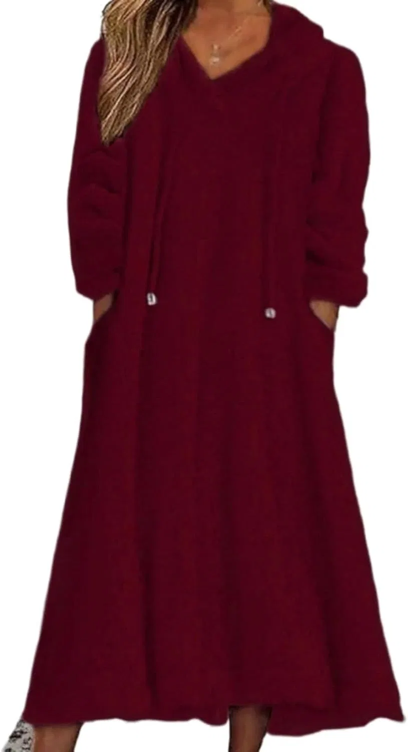 Женское свободное платье с капюшоном из флиса Generic, Claret