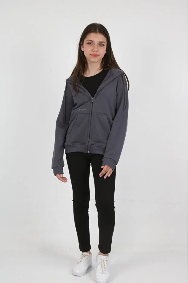 Детское худи-кардиган для девочек с принтом Smoked Girl's Smoked Hooded Zippered Pocket Low Shoulder Embroidery Printed Knitted Cardigan Toontoy, Smoke Grey
