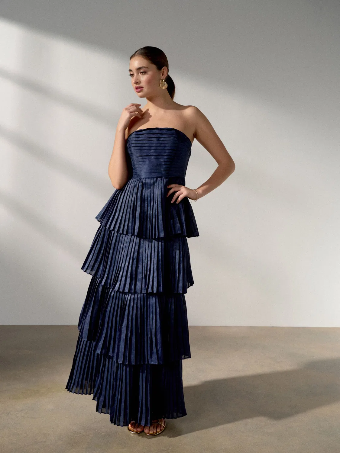 Платье макси плиссированное, Bandeau Pleated Maxi Next, темно-синий
