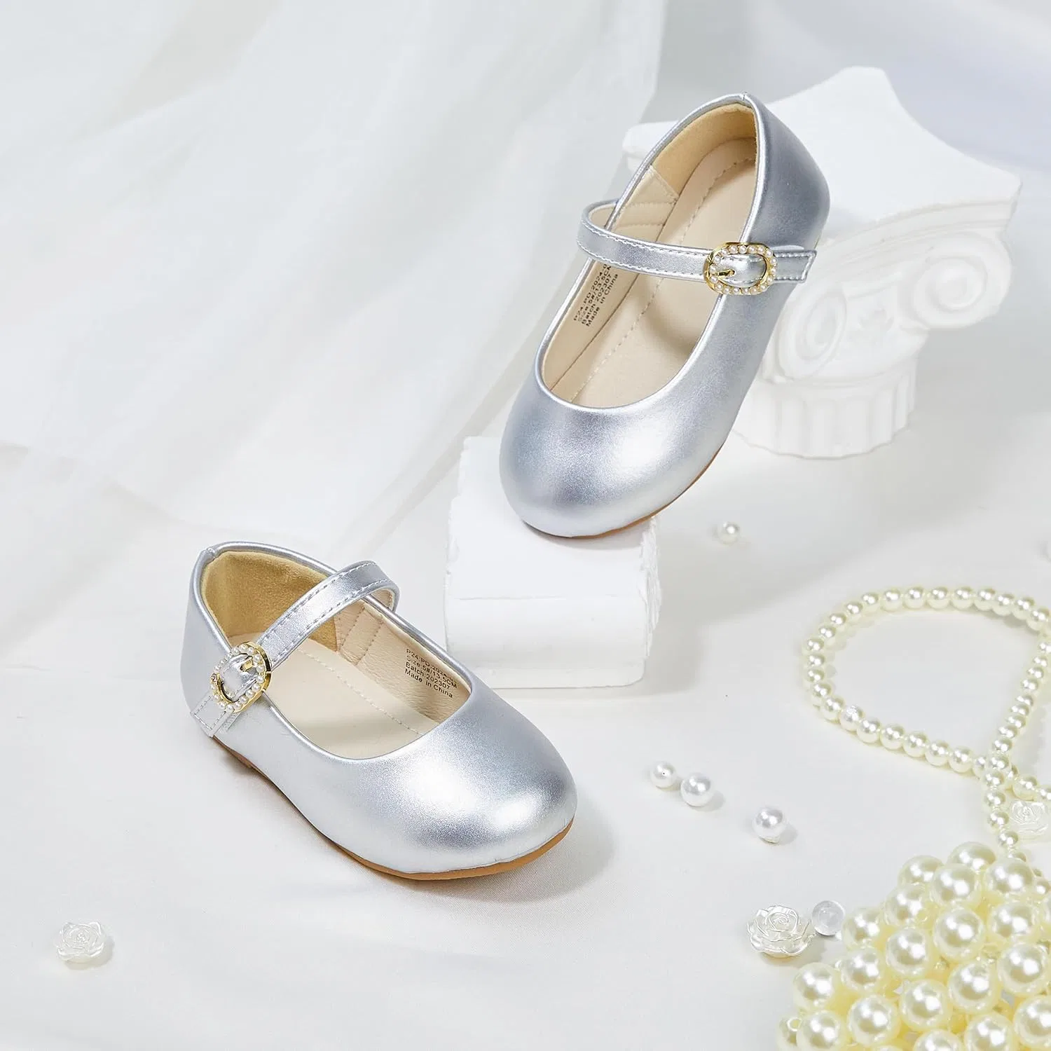 Детские туфли Мэри Джейн для девочек PHIRAMIN, Silver Pearl Buckle — фото 2