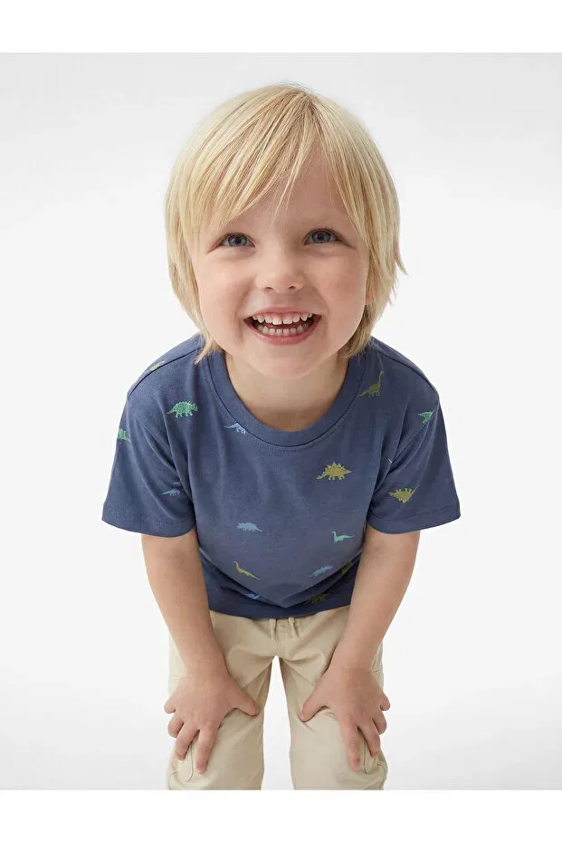 Детская футболка с принтом Cotton crew neck short sleeve dinosaur printed t-shirt Koton, Navy Blue Patterned