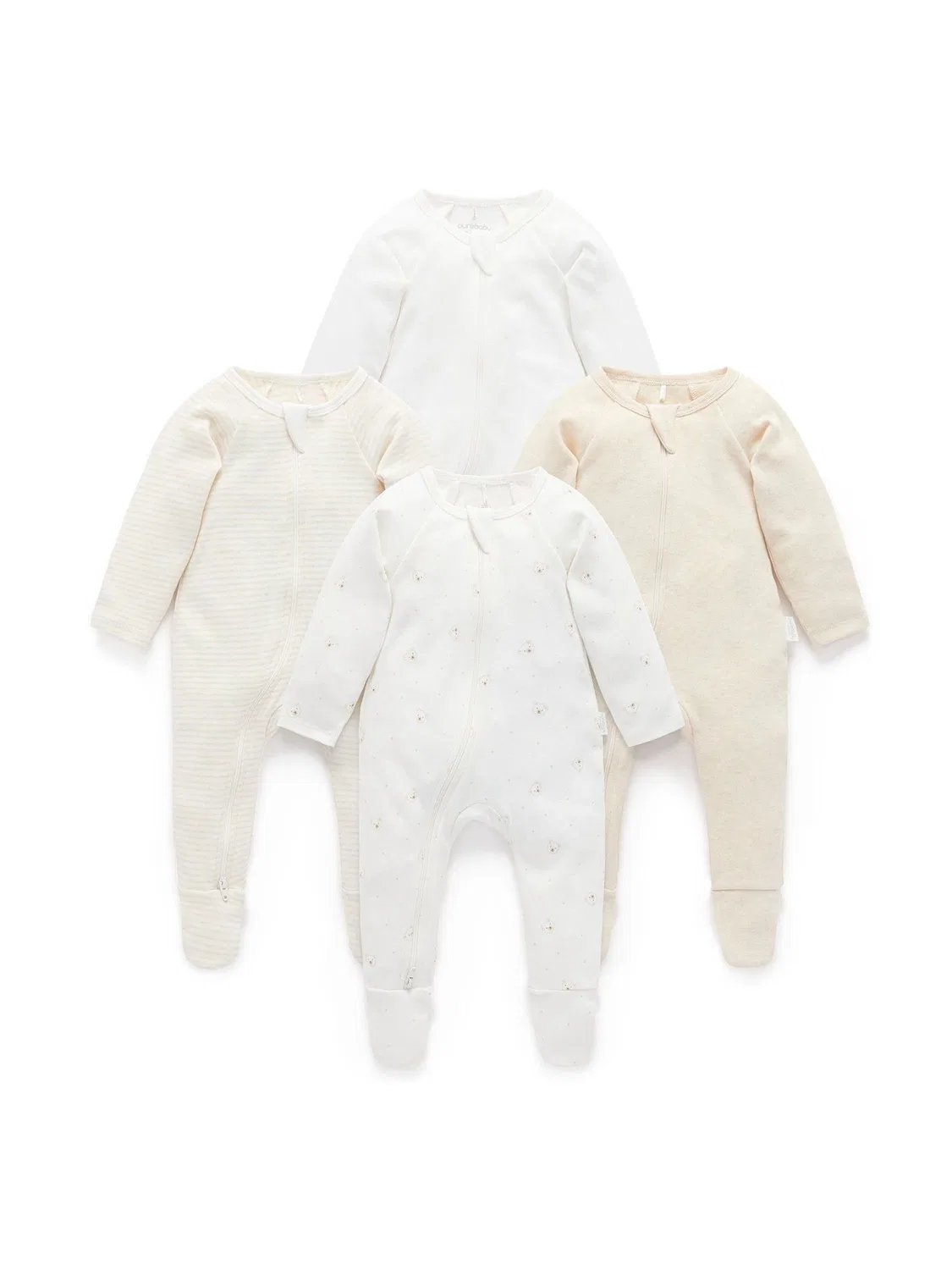 Комбинезон-слип Zip Sleepsuits 4 Pack Purebaby, Vanilla Bear