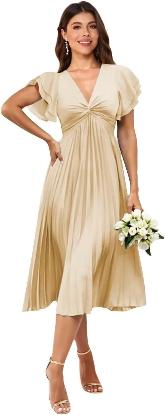 Женское вечернее платье с v-образным вырезом и длиной до колена, Satin Bridesmaid Dresses, Champagne