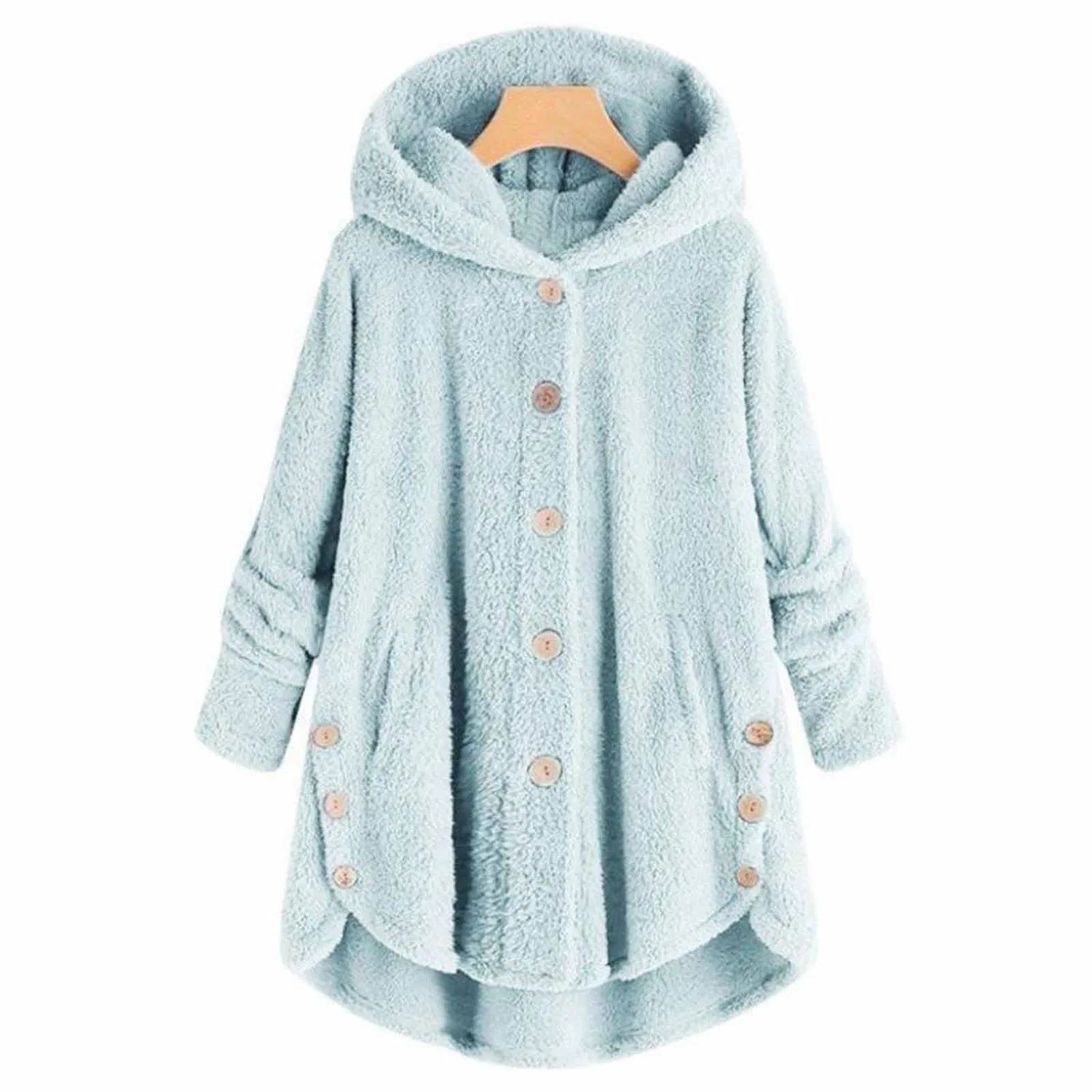 Женское зимнее пальто с капюшоном на пуговицах, свободного кроя, плюс сайз, Azzurro — фото 2