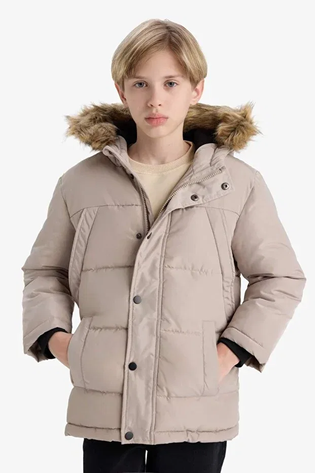 Детское пальто для девочек с капюшоном Detachable Faux Fur Collar Hooded Fleece-Lined Coat Boys e7417a825wn Defacto, Beige-Bg755 — фото 3