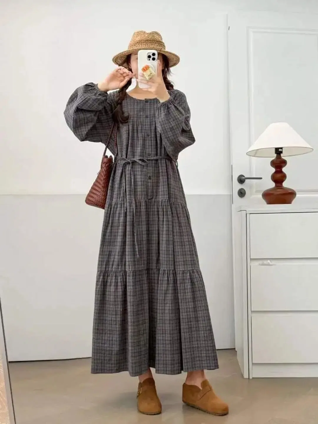 Женское платье-трапеция с длинным рукавом, Vintage Plaid Ruffles, серый — фото 2