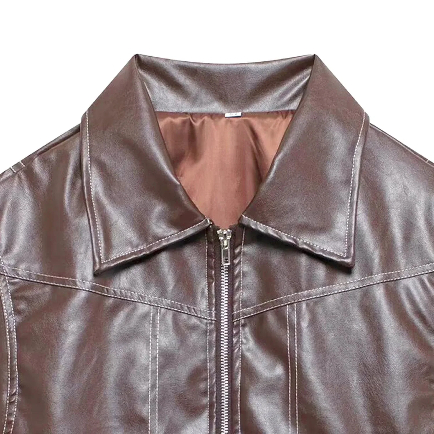Женская куртка-бомбер Oversized Faux Leather Zip Up Winter Coat, Red-Brown — фото 4
