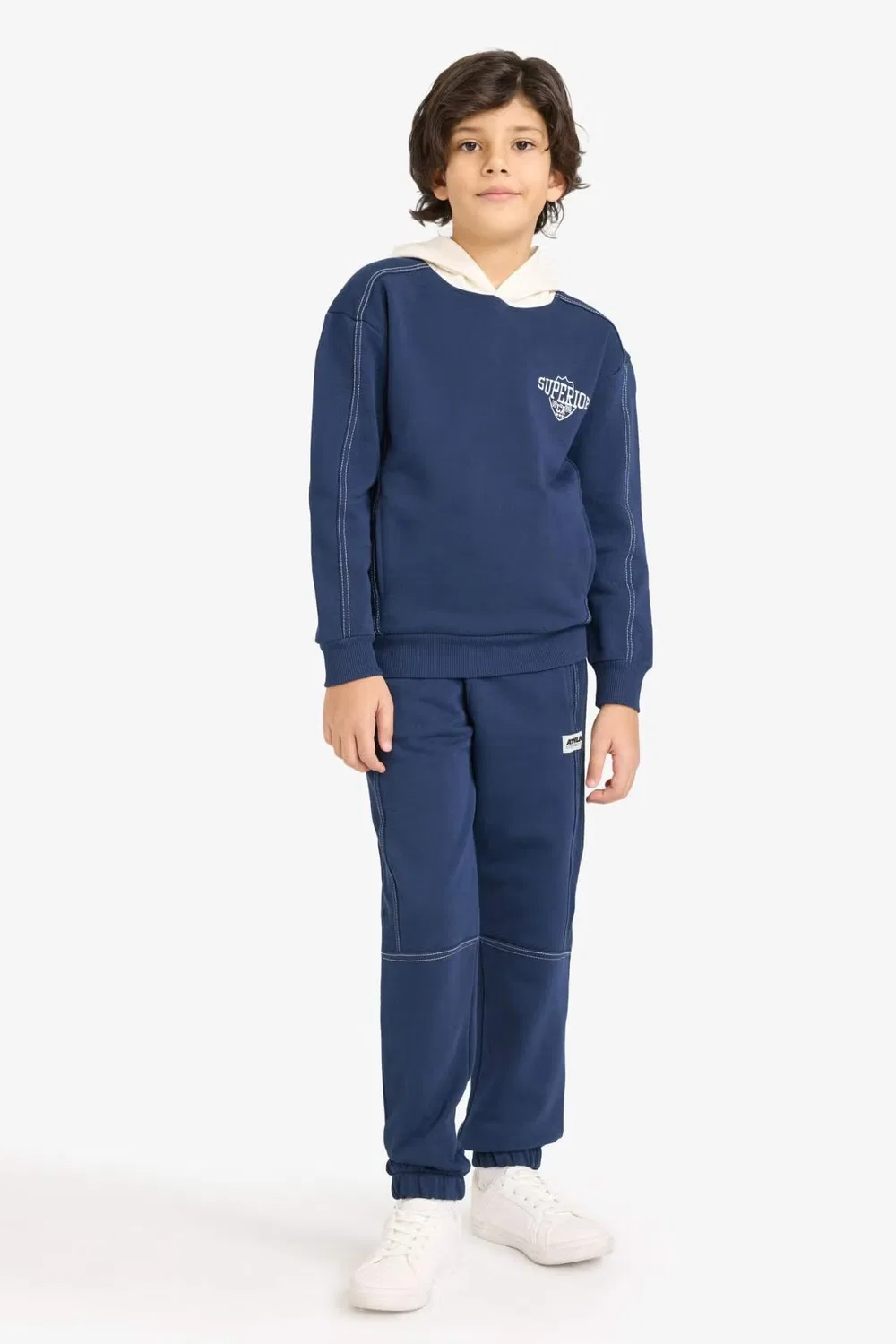 Комплект из худи и штанов с принтом, модель Boy printed hoodie sweatpants 2 piece set, Defacto, темно-синий — фото 4