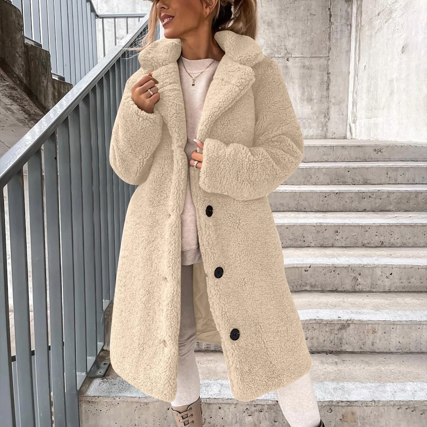 Женское пальто из флиса с принтом, модель Giacca in pile da donna, бренд, 02 Beige — фото 2