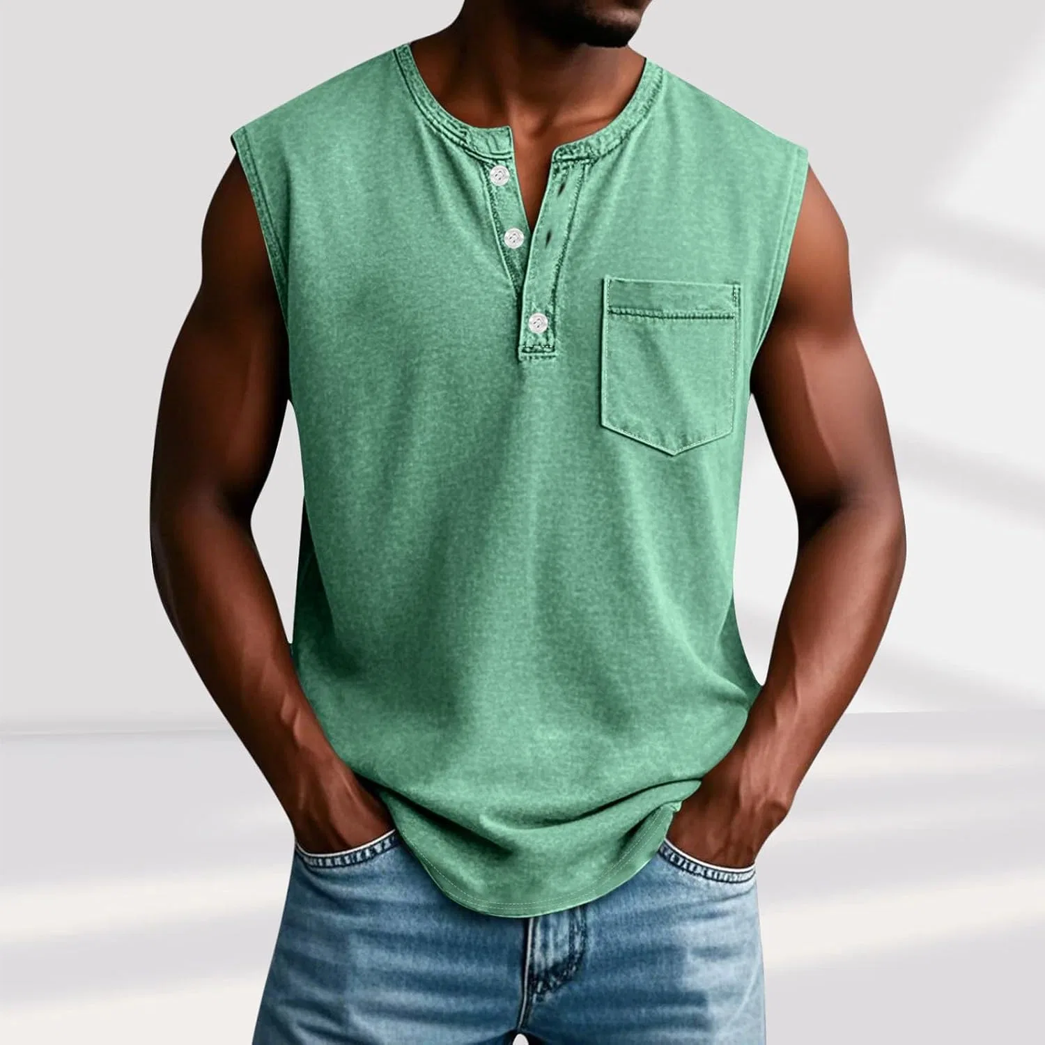 Мужская безрукавка с V-образным вырезом Henley, Mint Green — фото 2