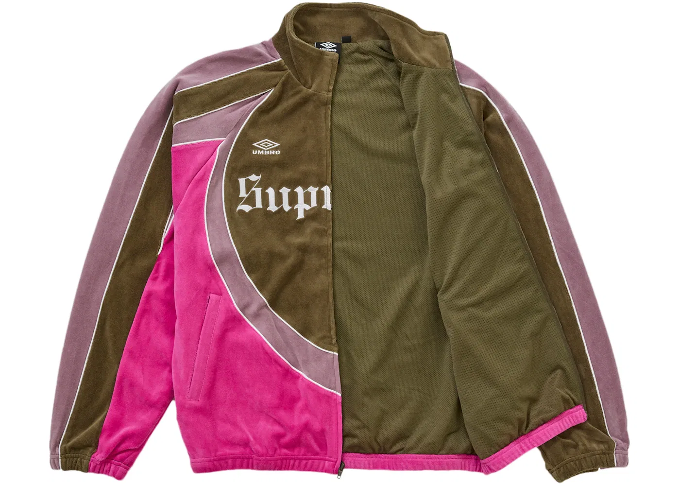 Мужская спортивная куртка на молнии с вышитыми логотипами Supreme Umbro Velour Track Jacket, оливковый — фото 2