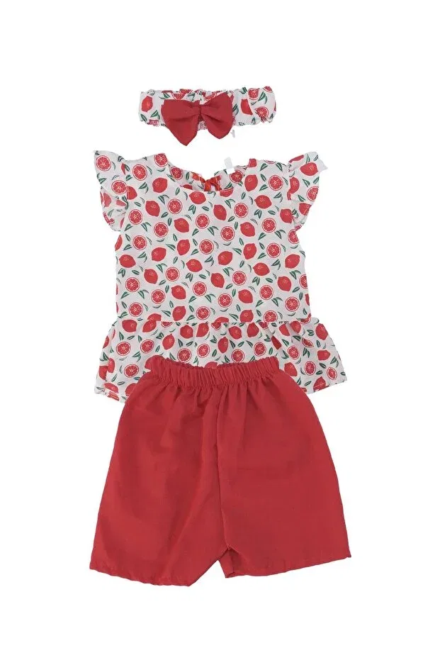 Детский комплект для девочек с цветочным принтом Fruit Patterned Tricotone Dress Suit With Bandanas And Shorts Bebelop, Red