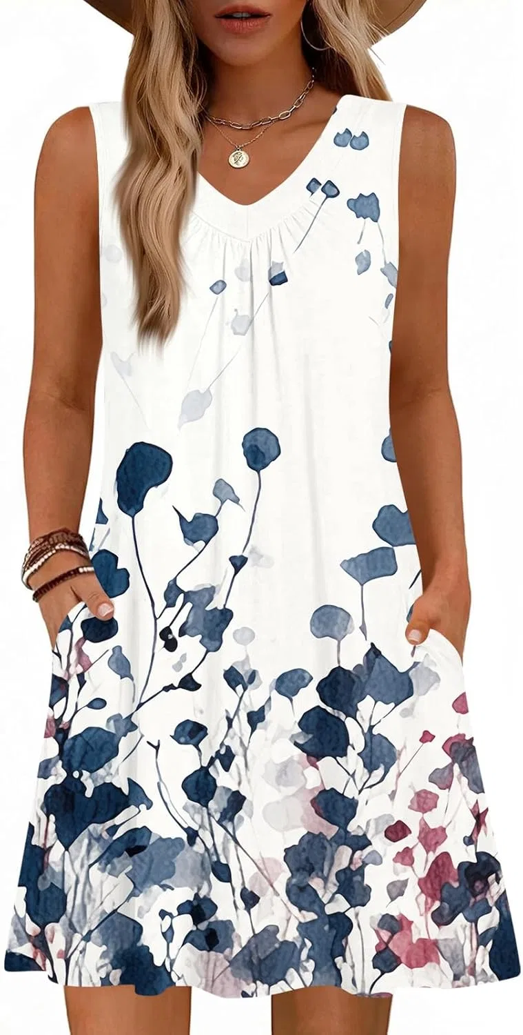 Женское летнее платье с цветочным принтом, V-Neck, Light Blue