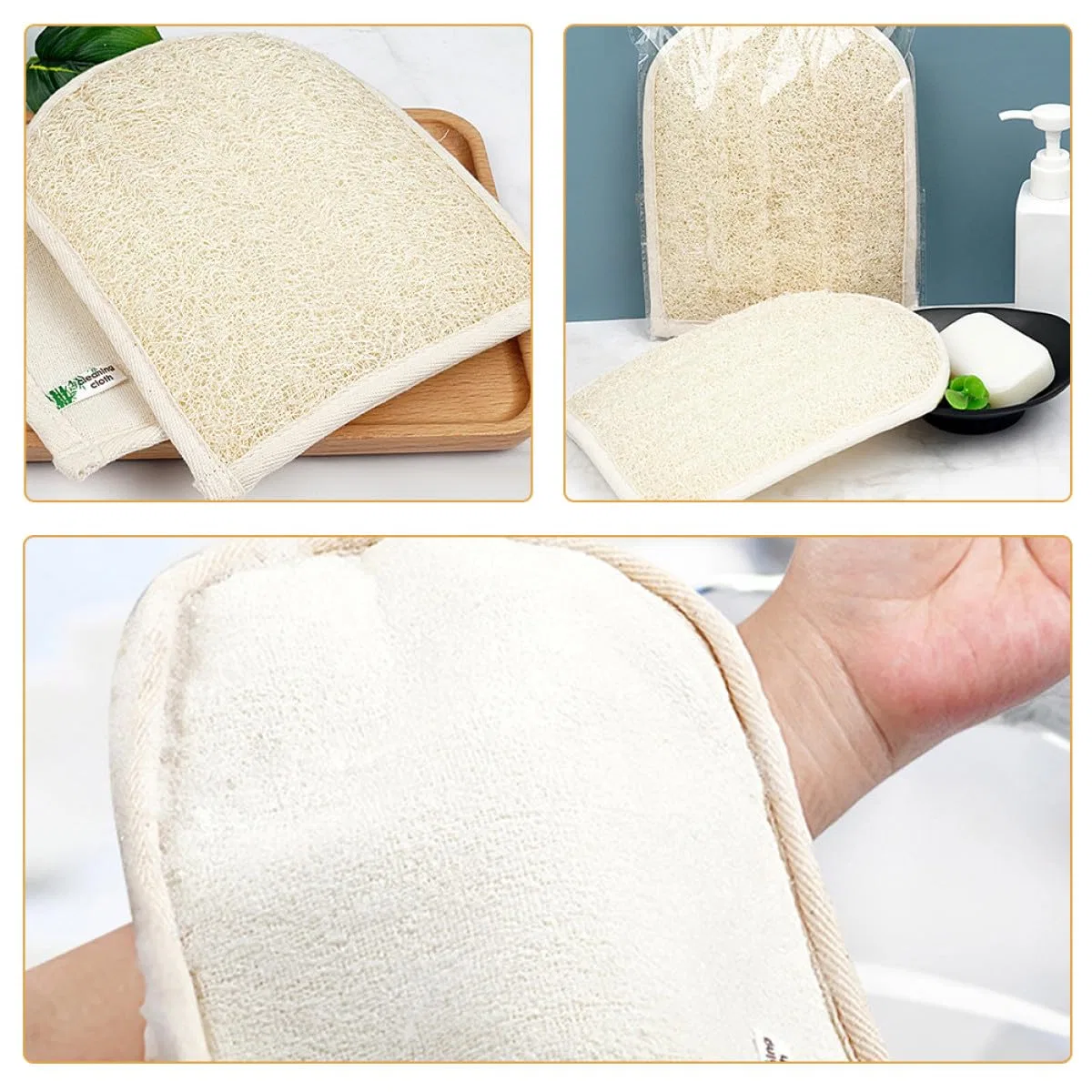 Мочалка для пилинга из люфы и хлопка, GRADENEVE, 2 шт, 20x15x1 см, Beige — фото 4