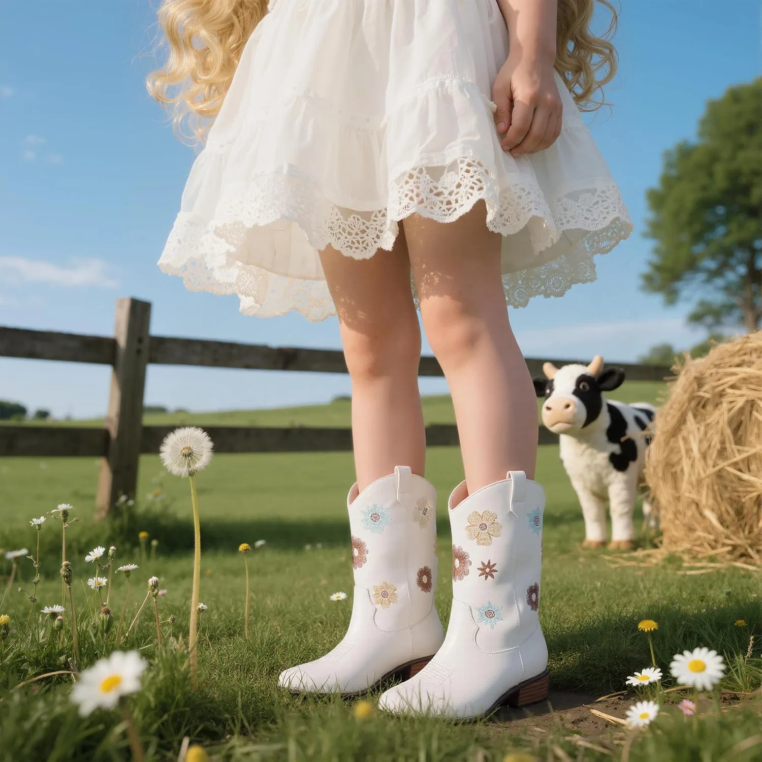 Детские сапоги для девочек с цветочной вышивкой Cowgirl Boots Goiphrri, White — фото 2
