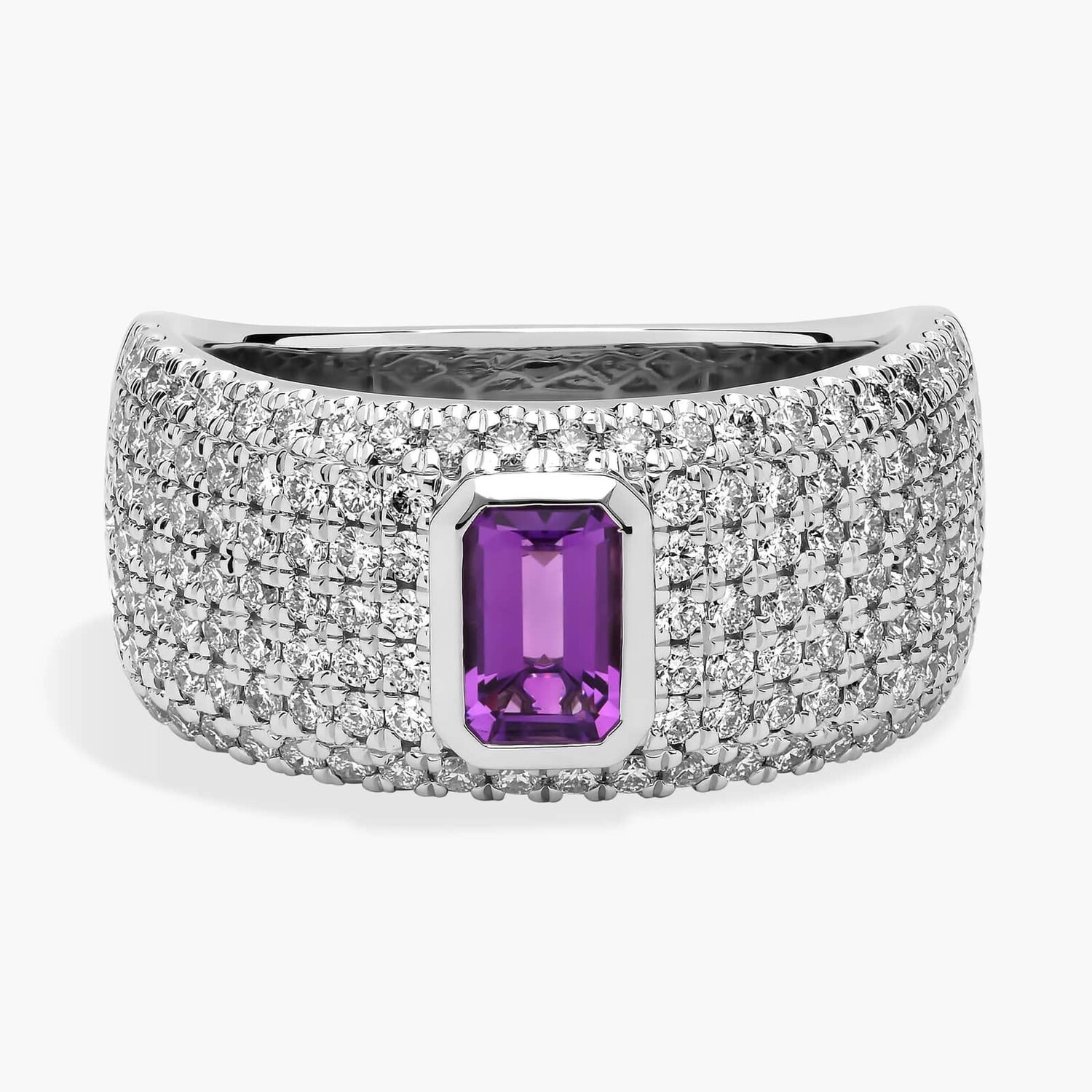 

Кольцо с аметистом в оправе изумрудной огранки и паве из платины (1 карат, два камня) Blue Nile