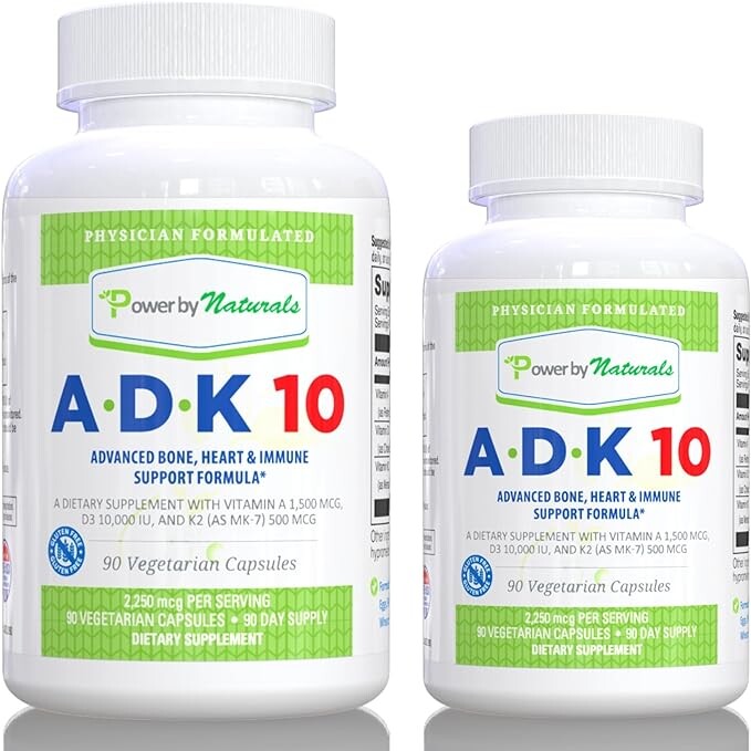 

Power By Naturals ADK 10 — витаминные добавки с витамином А, витамином D3 и витамином К2, 2 бутылки по 90 капсул