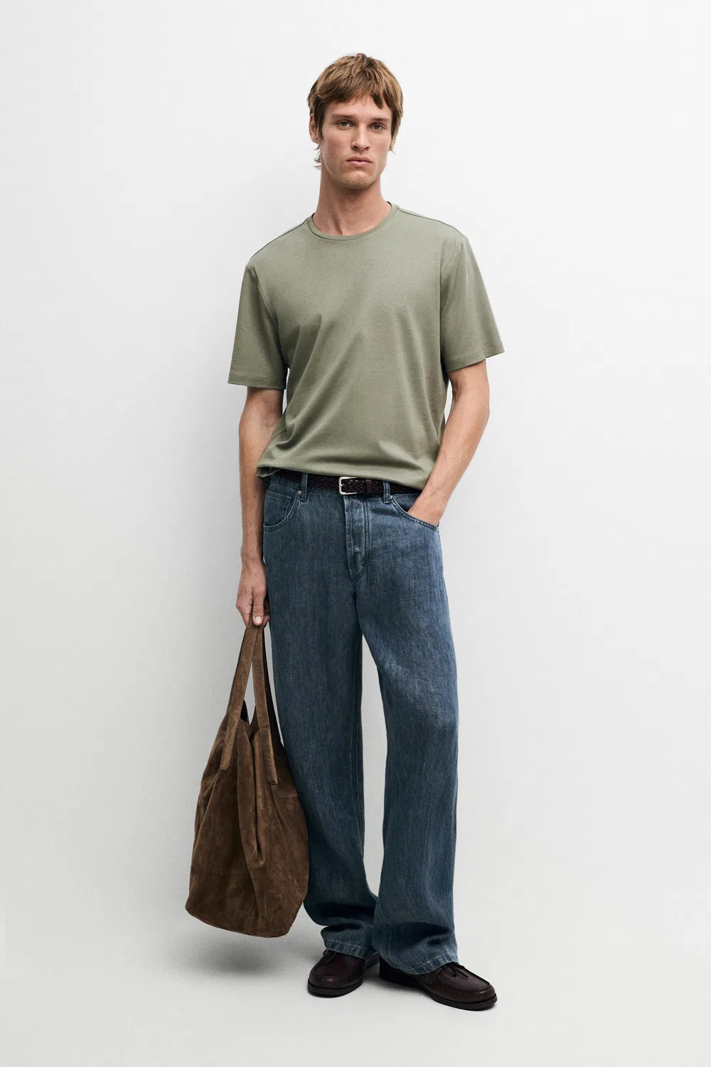 Футболка Massimo Dutti Cotton Blend Short Sleeve, зеленый мох — фото 3