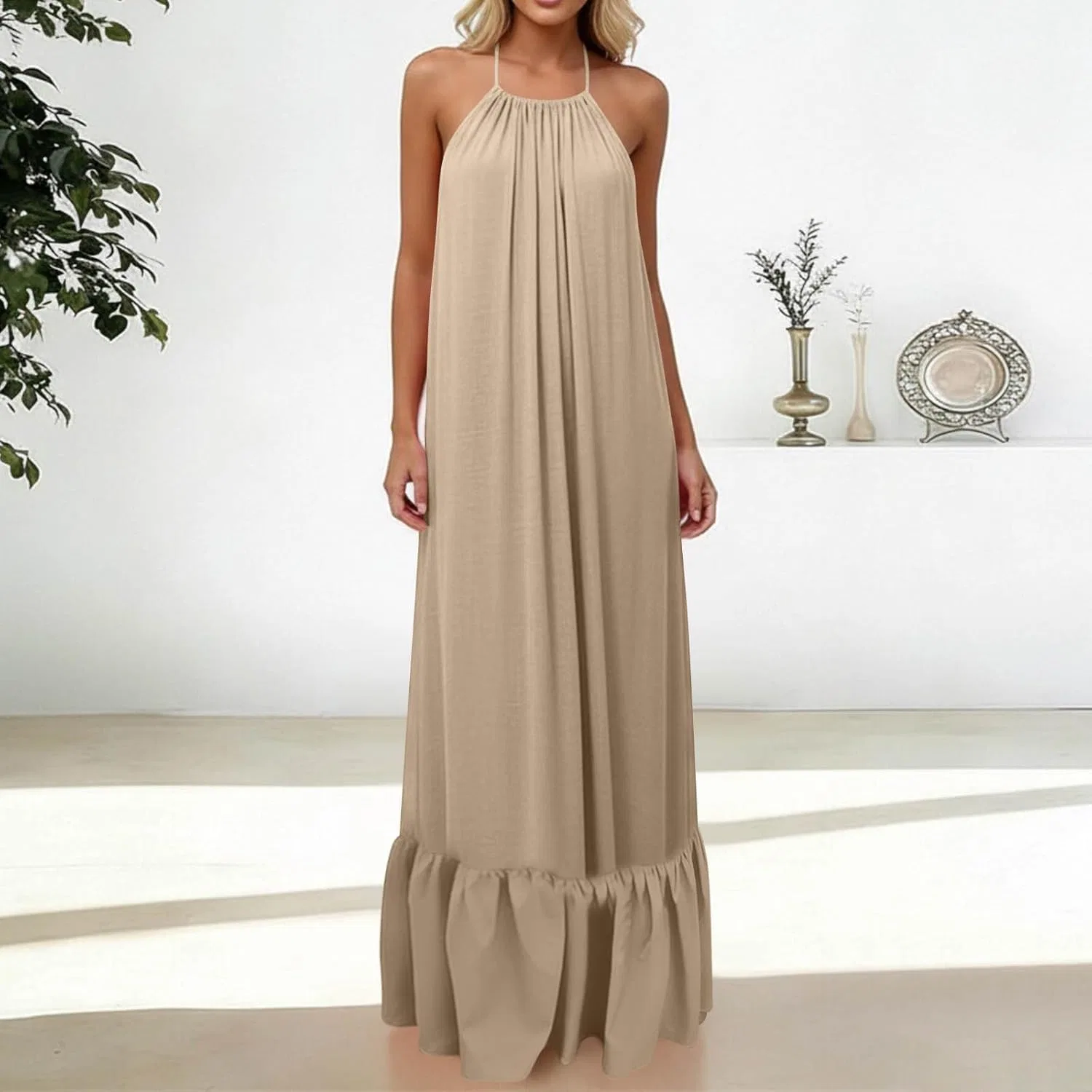 Женское пляжное платье с открытой спиной на бретелях, Beige — фото 4