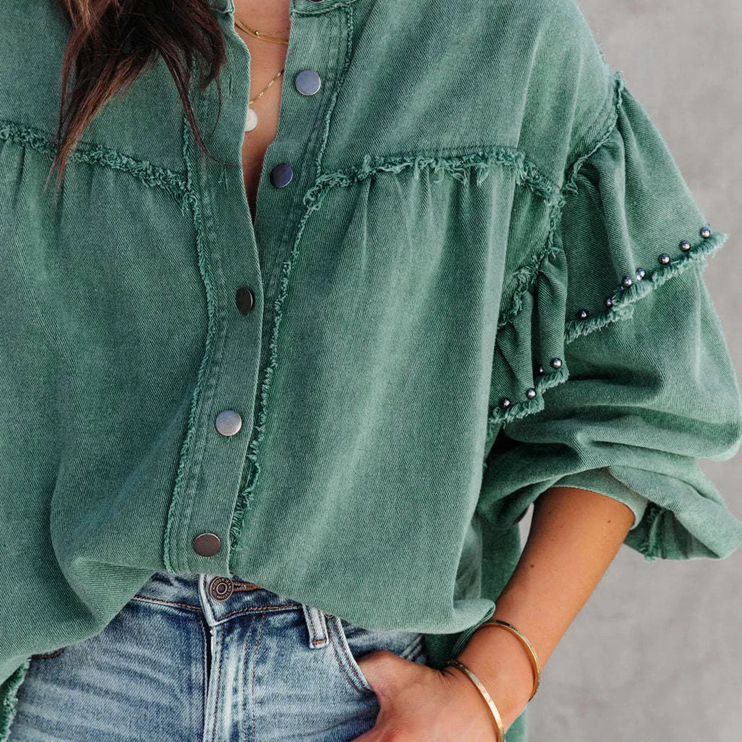 Женская джинсовая куртка с заклепками Long Sleeve Studded Street Style, Menta Verde — фото 2