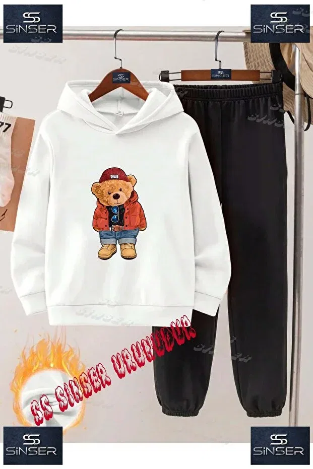 Детский комплект свитшота и брюк с принтом Bear In Red Coat Ss Sinser, White - Black