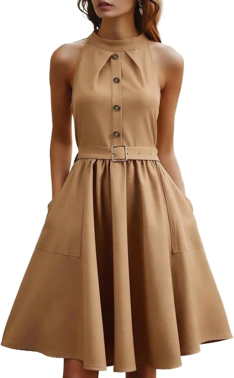 Женское летнее платье sleeveless solid color, Khaki