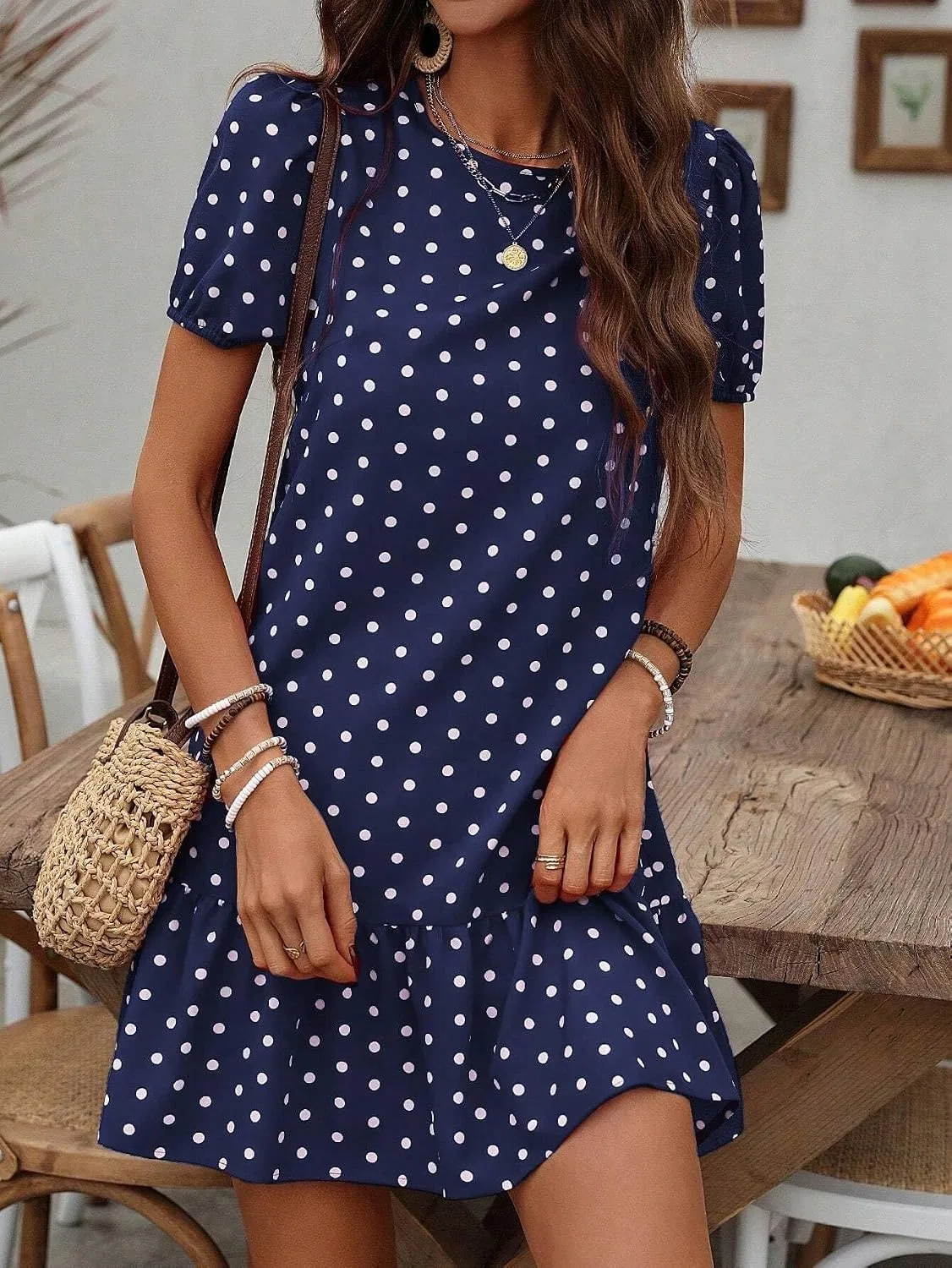 Женское повседневное платье с воланами и горошком, Navy Blue — фото 3