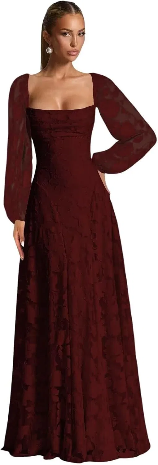 Женское платье для подружки невесты с жаккардовым кружевом A-line, Burgundy
